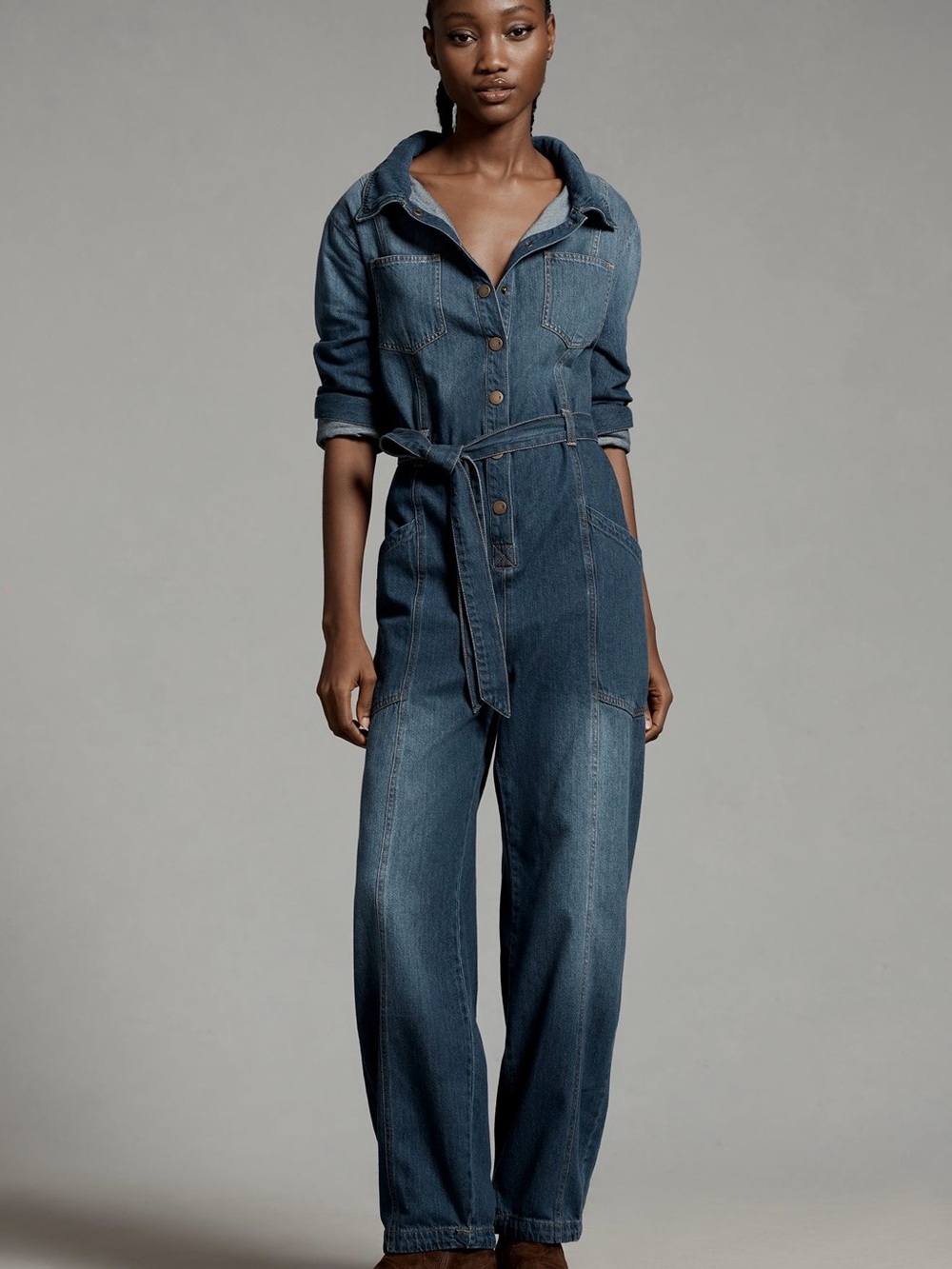 Pilcro Blue Denim Utility Jumpsuit with Self-Tie Belt